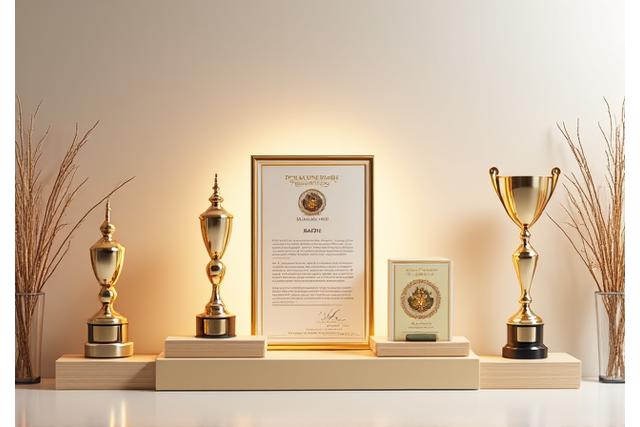 다양한 수상 트로피와 국제 인증서가 전시된 모습.