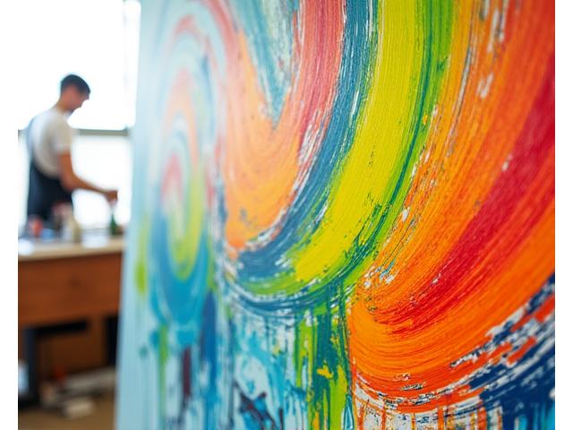 선명한 색상의 아크릴 물감과 아크릴 작품