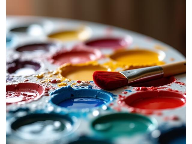 다채로운 색상의 유화 물감이 팔레트에 짜여 있고, 붓이 놓여있는 모습