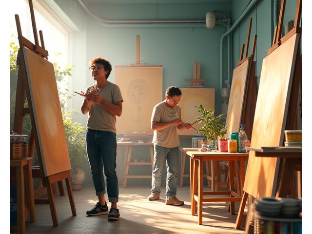 활기찬 아트 스튜디오에서 여러 예술가가 함께 작업하는 모습