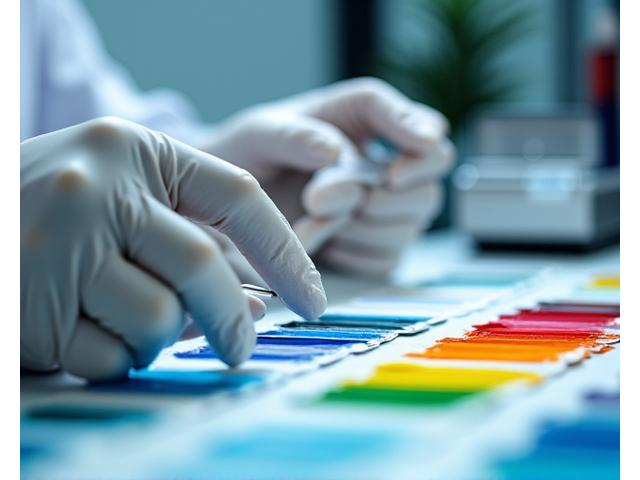 컬러 전문가가 다양한 색상 샘플을 비교하며 정밀하게 색을 조색하는 모습