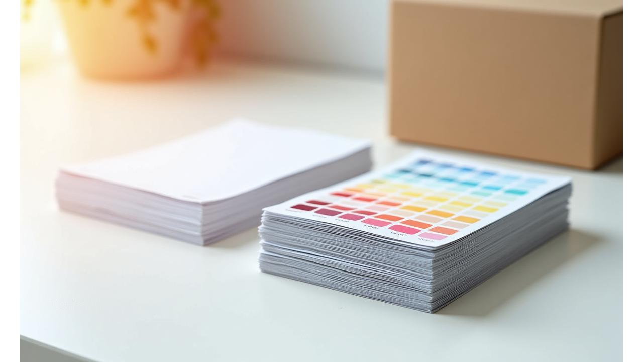 다양한 A4 크기의 페인트 샘플들이 차곡차곡 쌓여있는 모습