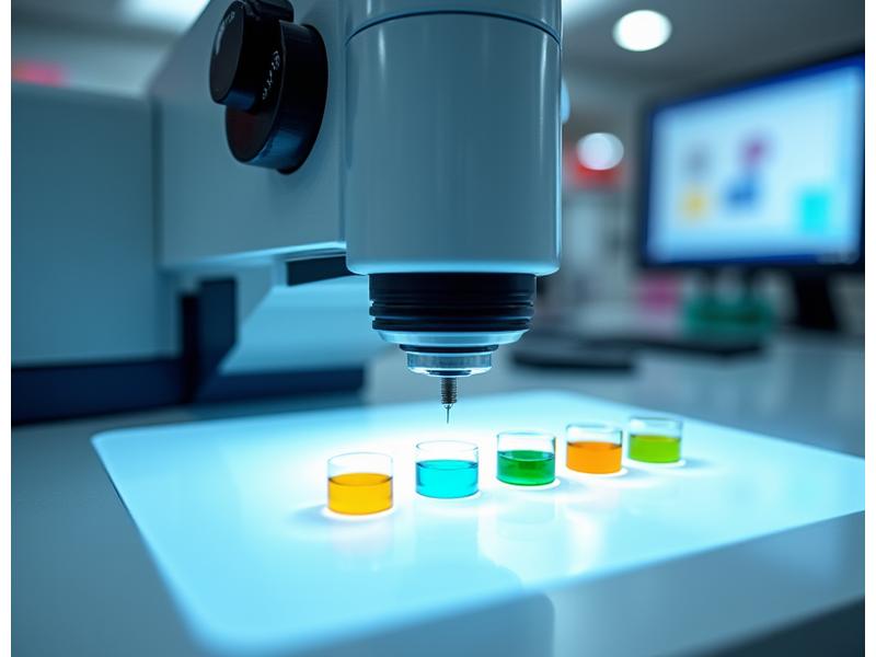 분광 광도계가 다양한 색상 샘플을 분석하는 모습