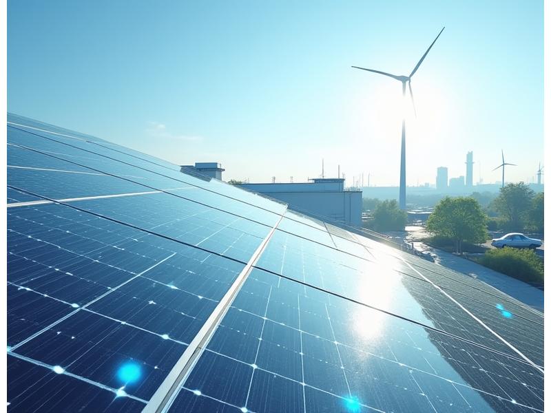 태양광 패널이 설치된 친환경 공장 생산 시설의 전경과 탄소 발자국이 줄어드는 그래픽