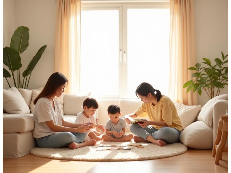 밝고 건강한 분위기의 거실에서 아이들이 즐겁게 놀고 있고, 부모는 편안하게 미소 짓고 있는 행복한 가족의 모습