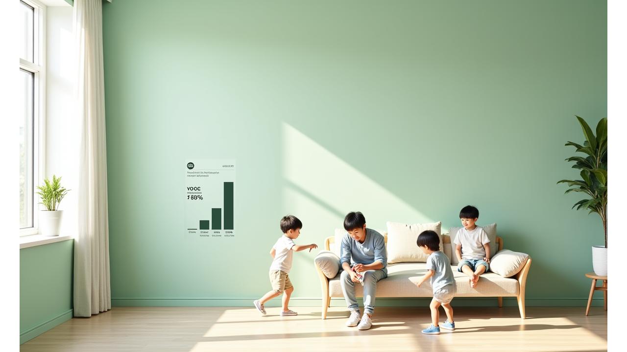 밝고 깨끗한 친환경 페인트가 칠해진 공간에서 아이들이 안전하게 놀고 있는 모습, 옆에는 VOC 배출량을 시각적으로 보여주는 감소 그래프와 국제 친환경 인증 마크들이 어우러져 있다.