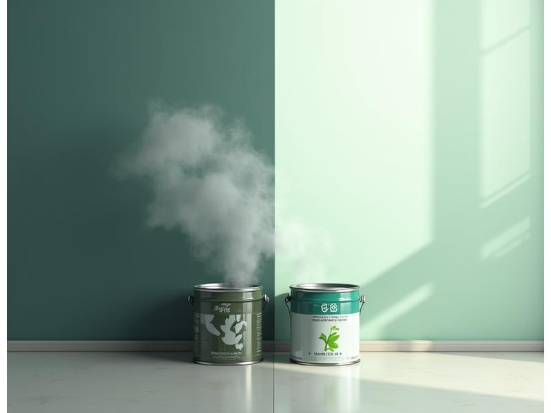 기존 페인트와 차상 친환경 페인트의 VOC 배출량 차이를 시각적으로 보여주는 비교 그래프와 맑은 공기를 상징하는 이미지