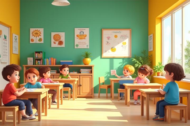 아이들이 밝고 안전한 색상의 교실에서 수업받는 모습