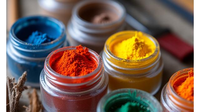 다채로운 미술용 안료와 붓이 예술 작업실에 놓여있는 모습
