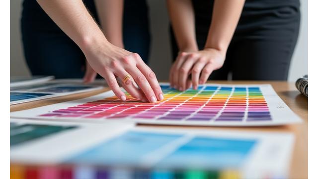 컬러 팔레트 앞에서 전문가와 고객이 맞춤 컬러를 상담하는 모습