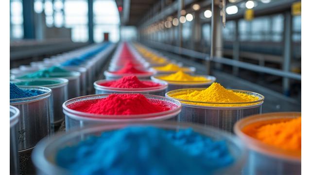 첨단 설비 안에서 다채로운 산업용 안료가 생산되는 모습