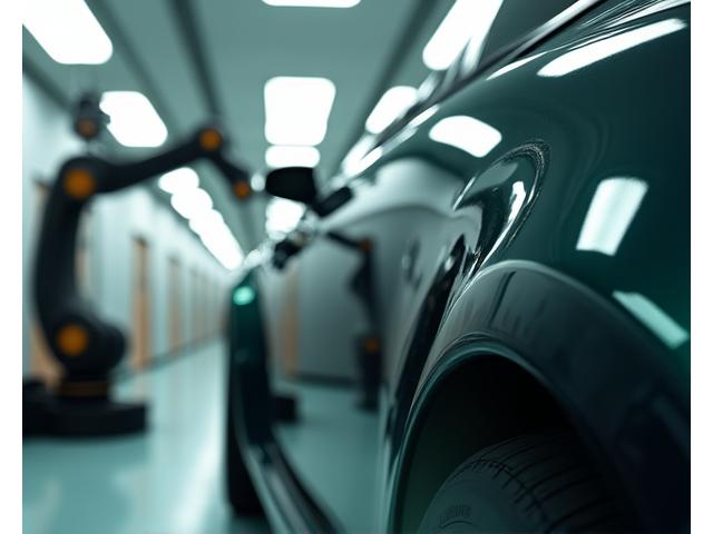 자동차 페인팅 로봇이 고광택 안료를 분사하는 모습, 깨끗하고 현대적인 공장 배경