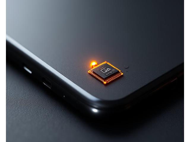 고급스러운 블랙 색상의 스마트폰 케이스와 반도체 칩, 정교한 마이크로 디테일