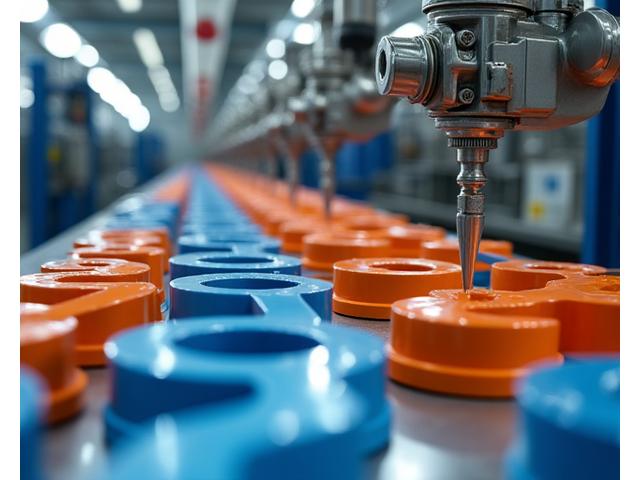 산업 기계 부품이 다양한 색상의 안료로 코팅되는 정밀 제조 공정