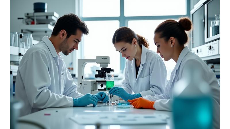 최첨단 연구실에서 차상의 R&D 팀원들이 안료 샘플을 분석하고 개발하는 모습