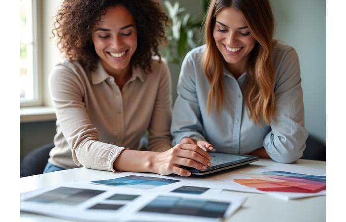 인테리어 디자이너가 고객과 페인트 색상 샘플을 보며 상담하는 모습