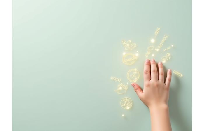 아이 손이 닿은 벽에 친환경 인증 마크들이 시뮬레이션된 이미지