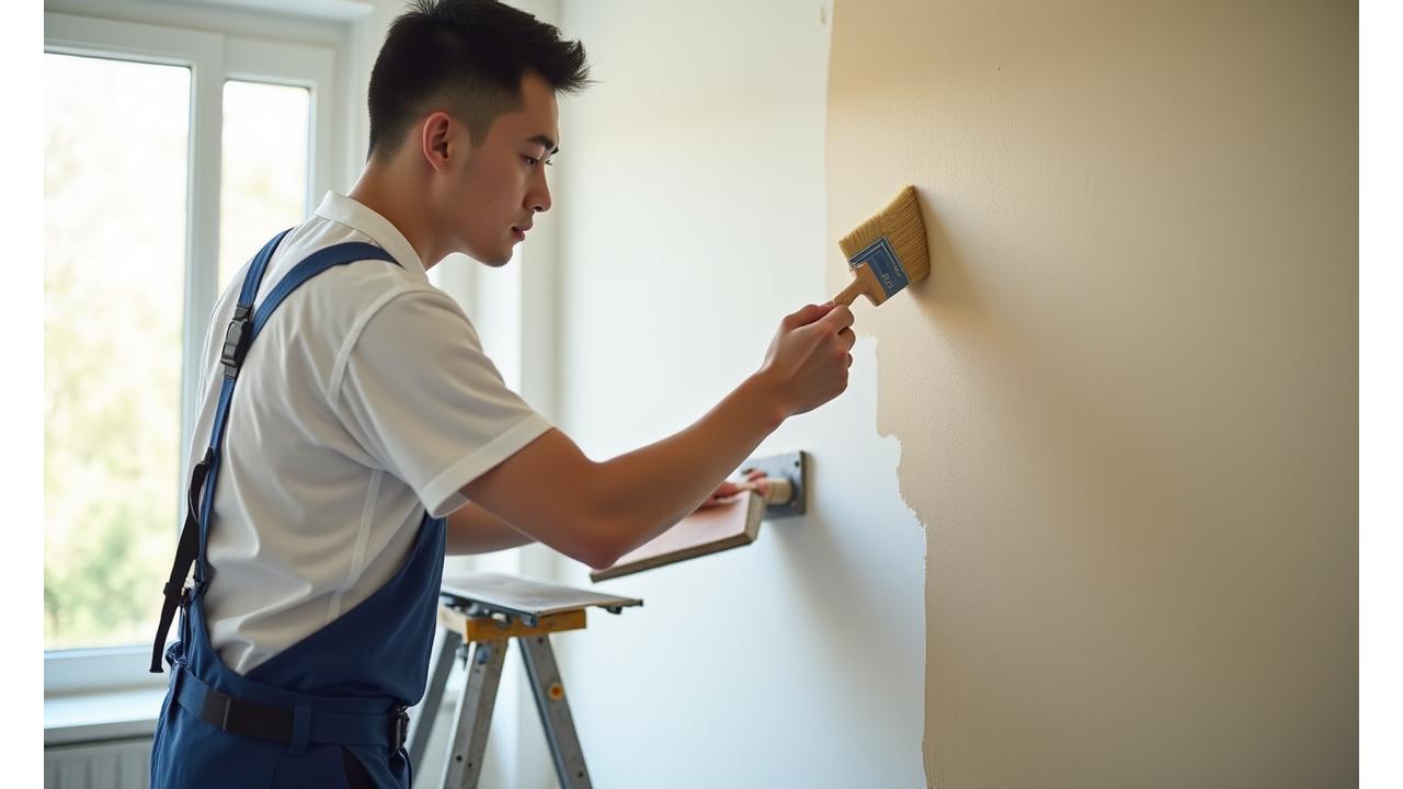 페인트 시공 전문가가 깔끔하게 벽을 칠하는 모습