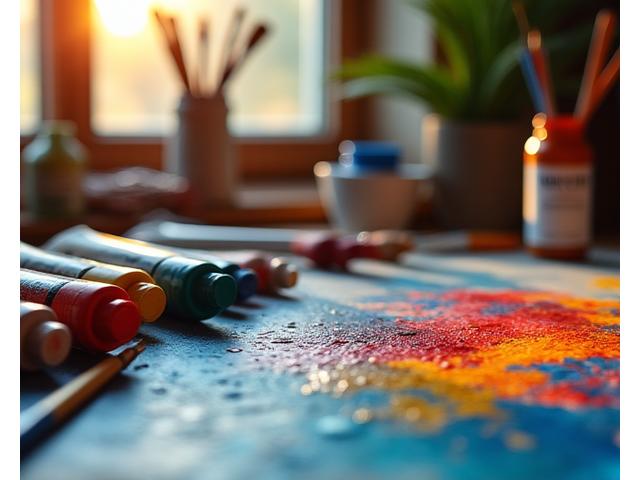 화려하고 생생한 색감의 그림이 그려진 캔버스 옆으로 다양한 예술용 페인트