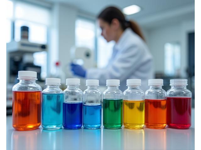 다양한 색상의 산업용 안료 샘플과 연구실 환경