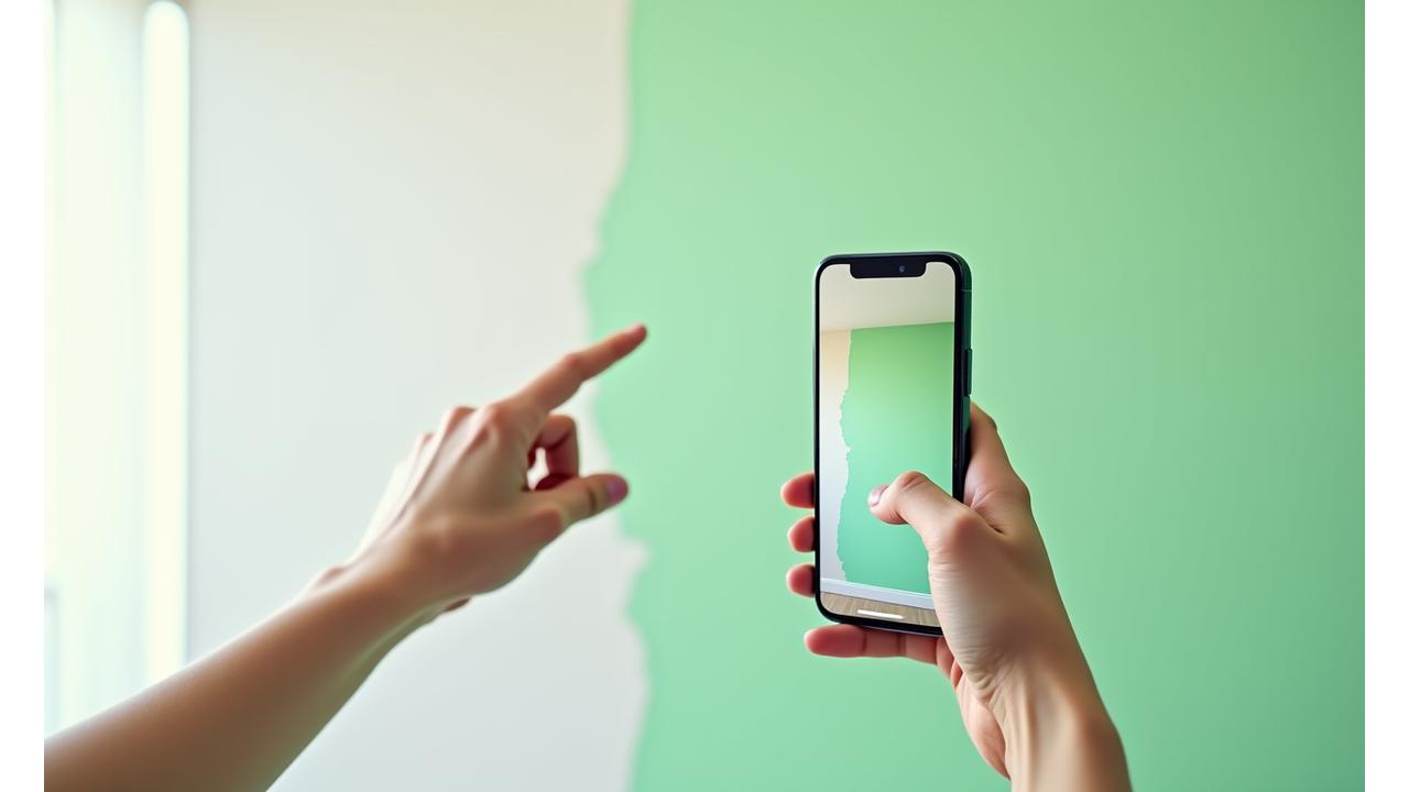 스마트폰으로 AR 기술을 이용해 벽에 페인트 색상을 시뮬레이션하는 모습