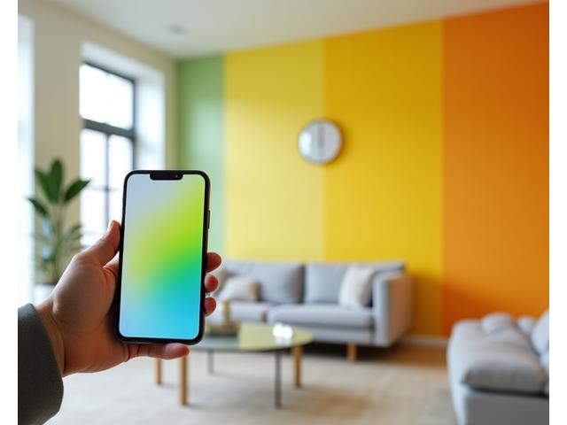 스마트폰 앱을 통해 실내 벽에 다양한 페인트 색상이 AR로 적용되는 모습